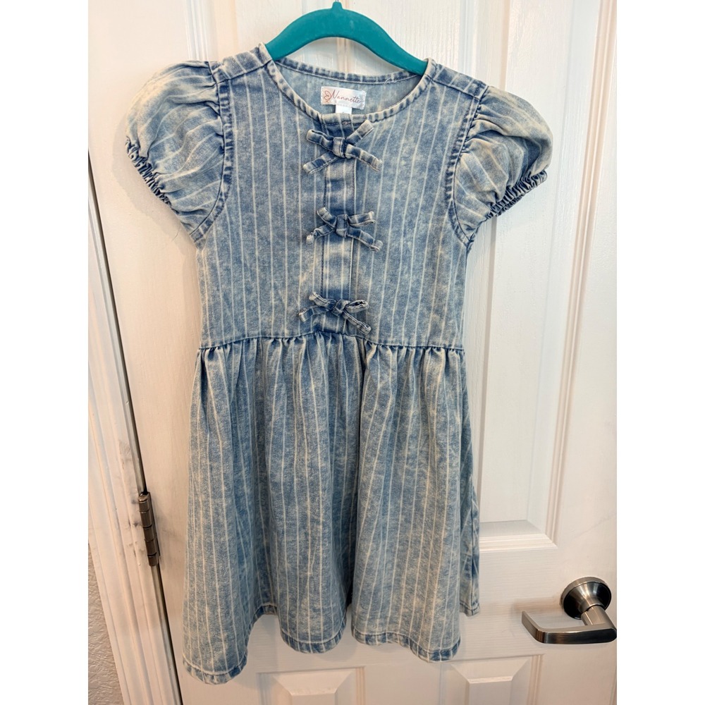 Nannette Denim Dress Blue Pinstripe Bow Puff Sleeve Girls Size 6 Casual Kids
